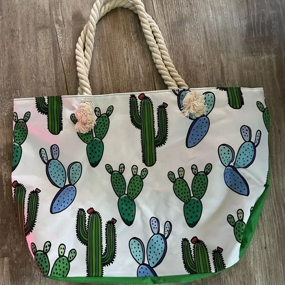 Water Resistant Canvas Beach Bag with Zipper, Cactus Large Beach Tote Bag new